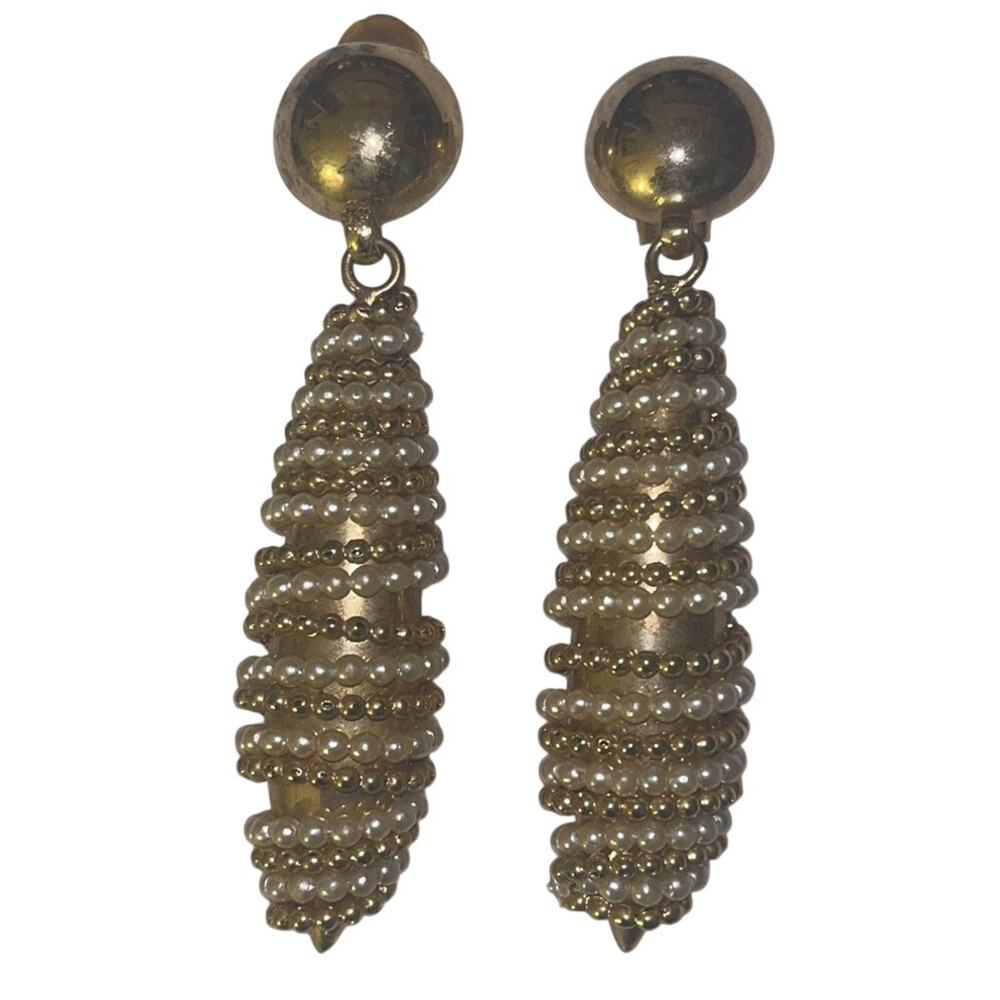 Vintage Gold Tone Faux Pearl Clip-On Dangle Earrings Statement Jewelry